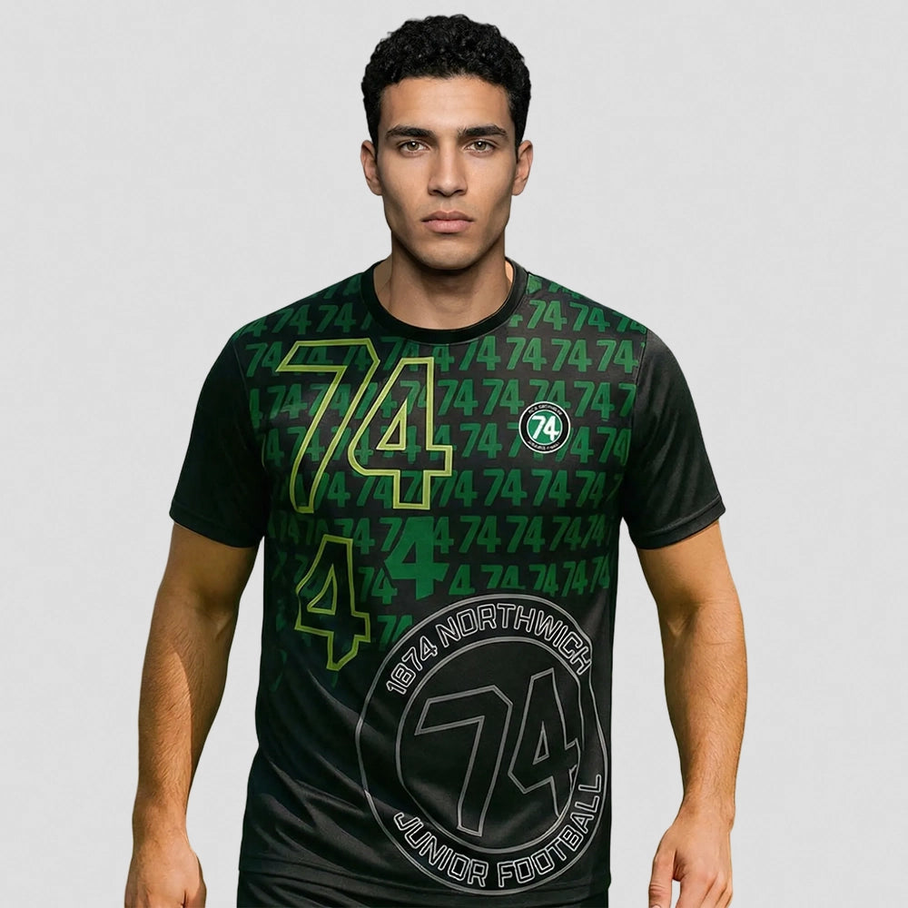 model wearing Adult sized 1874 Northwich JFC T-Shirt