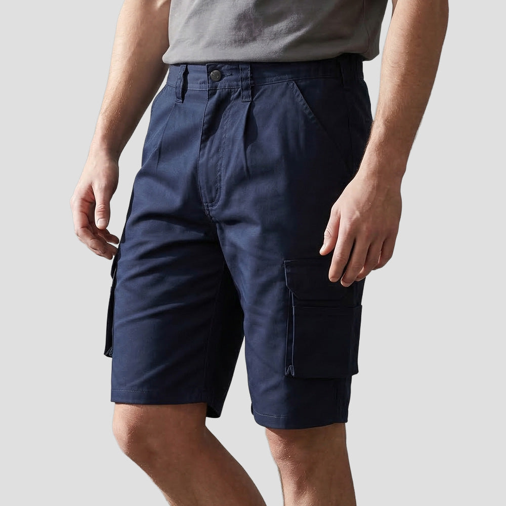 Model wearing the Orn Condor Combat Shorts 2050 in Navy