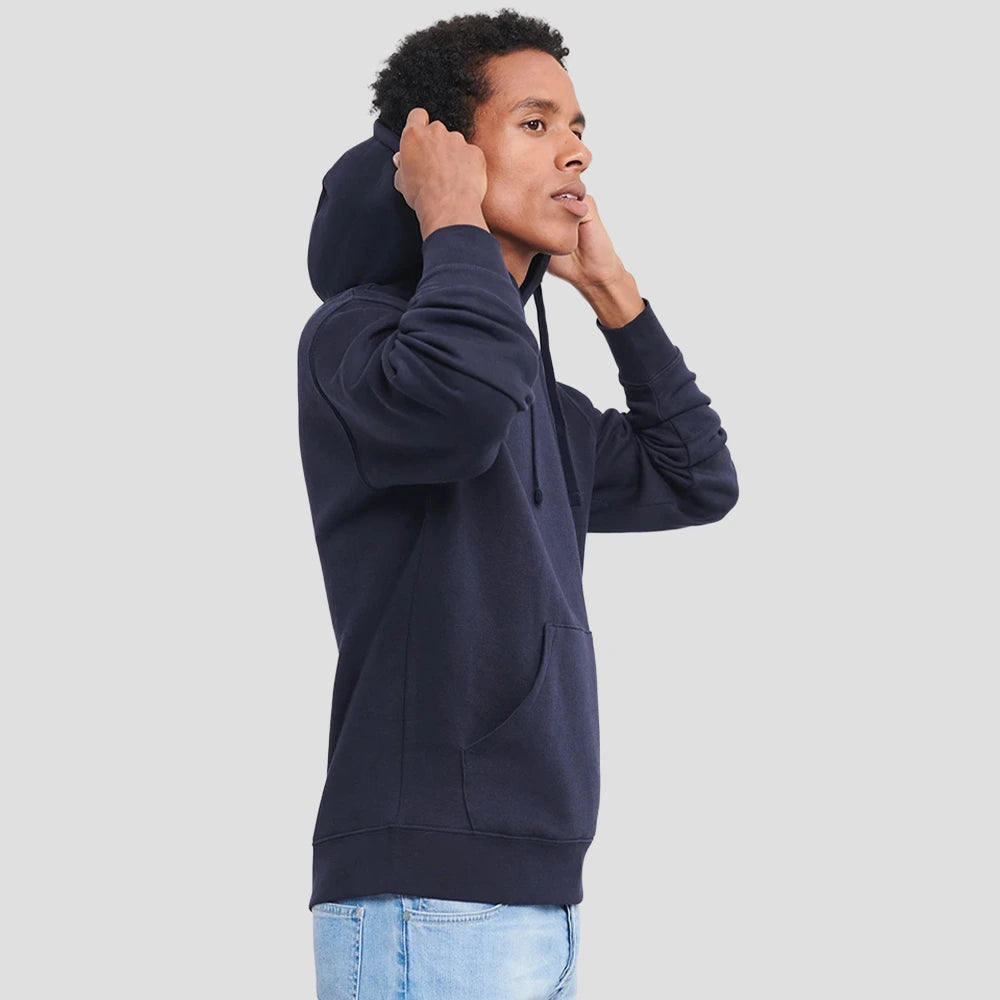 Model wearing the Russell Authentic Hooded Sweatshirt 265M in French Navy