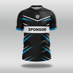 Black football shirt with blue and white accents on a gray background