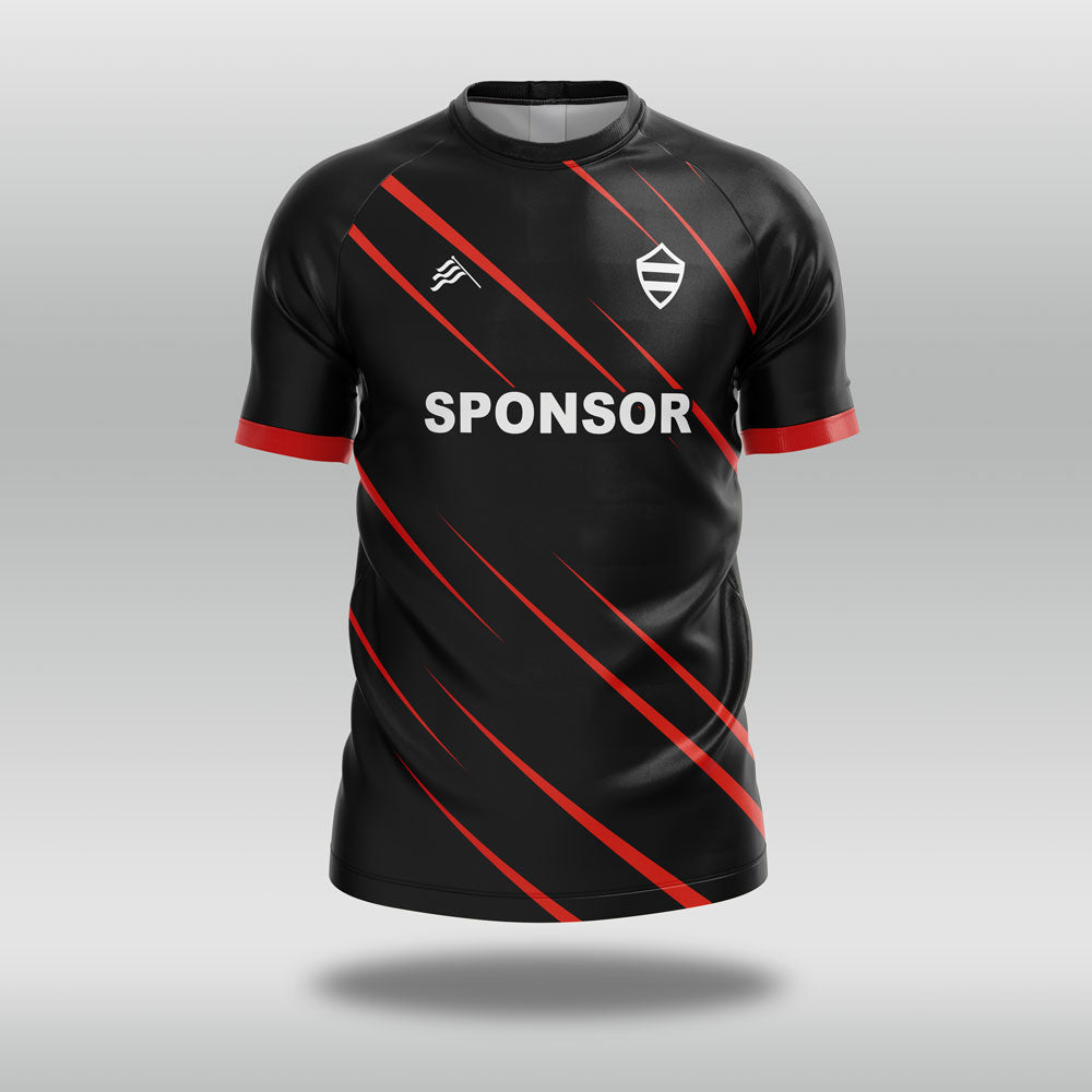 Black football shirt with red stripes and 'SPONSOR' text on a gray background