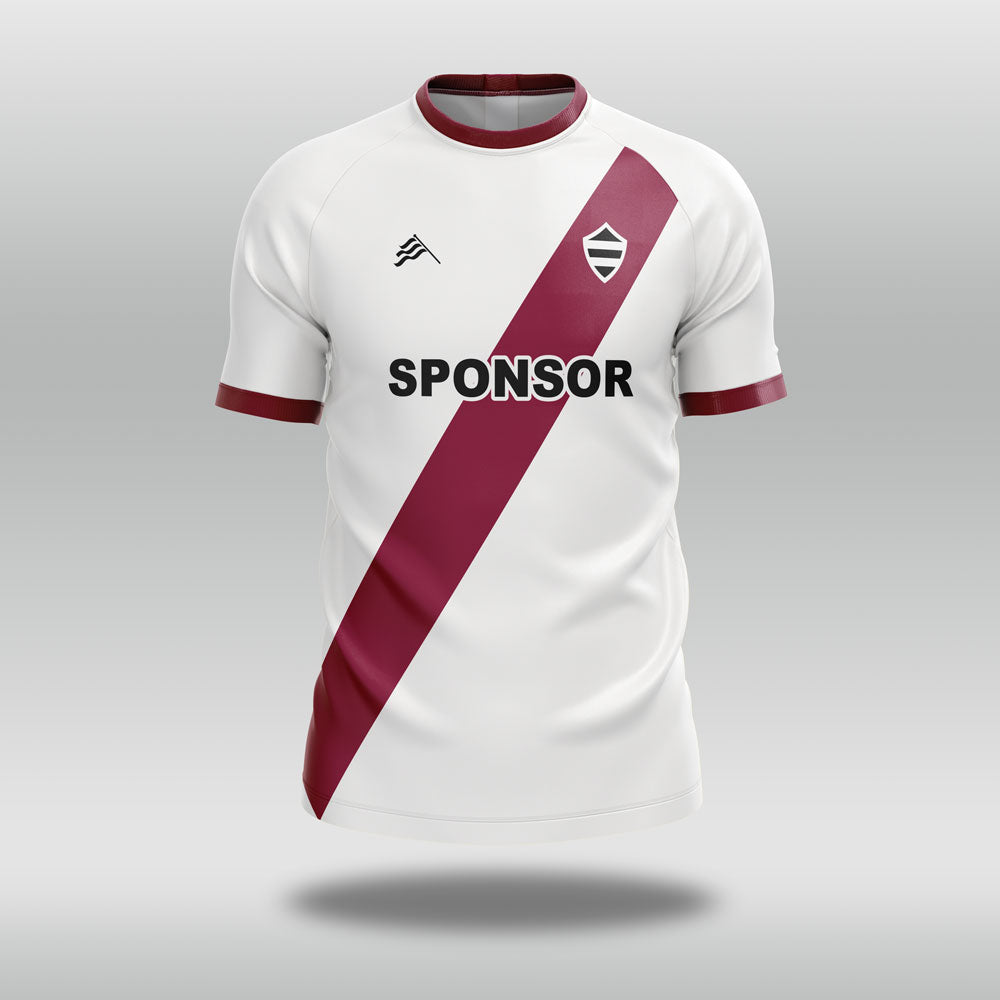 White football shirt with red diagonal stripe and 'SPONSOR' text on a gray background