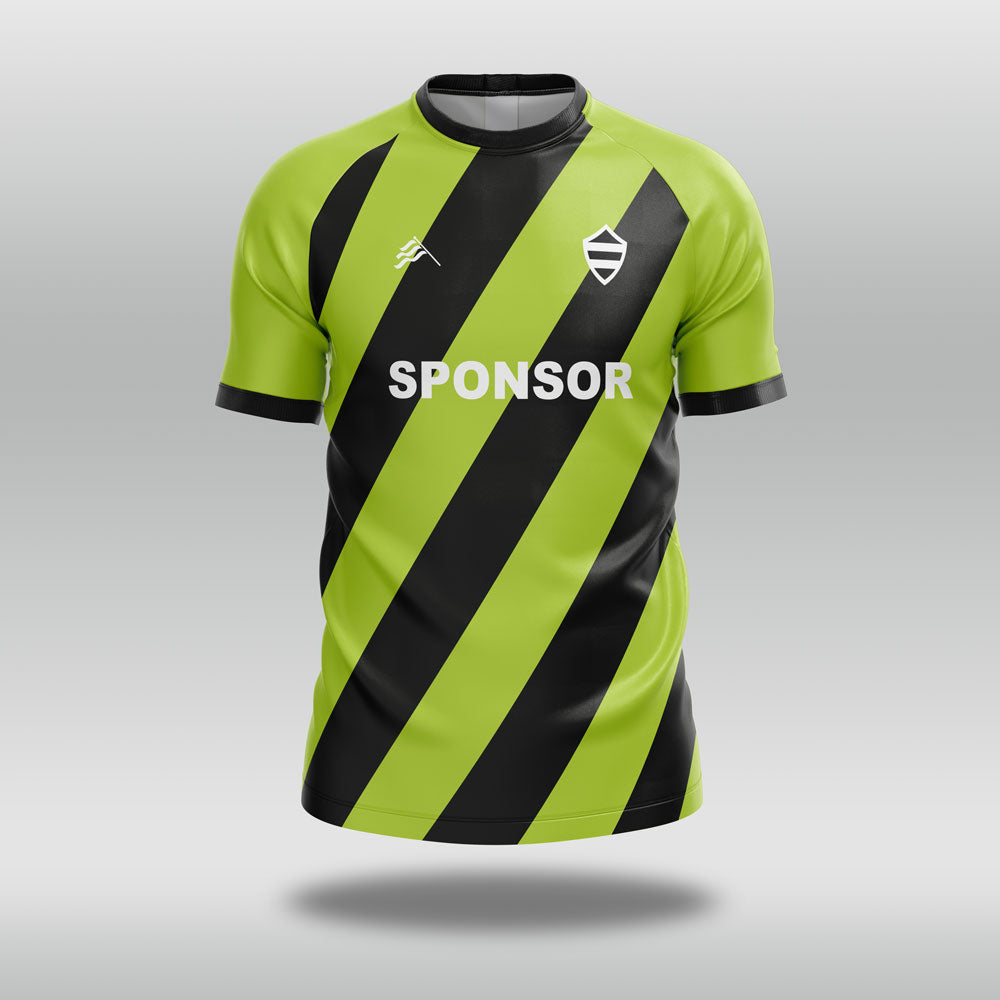Green and black striped football shirt with 'SPONSOR' text on a gray background