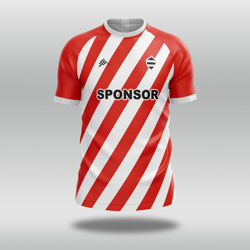Red and white striped football shirt with a sponsor logo on a gray background