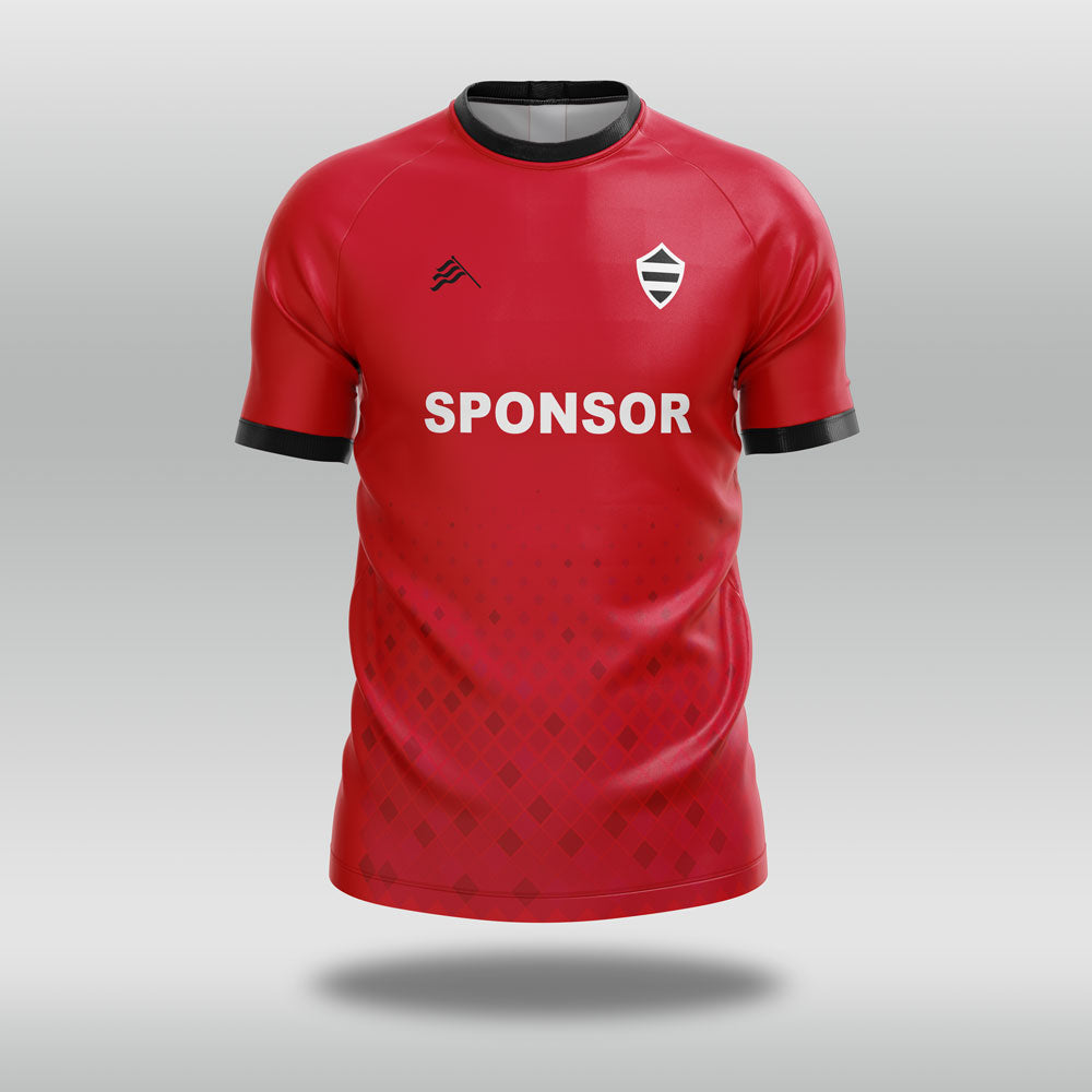 Red football shirt with 'SPONSOR' text on a gray background