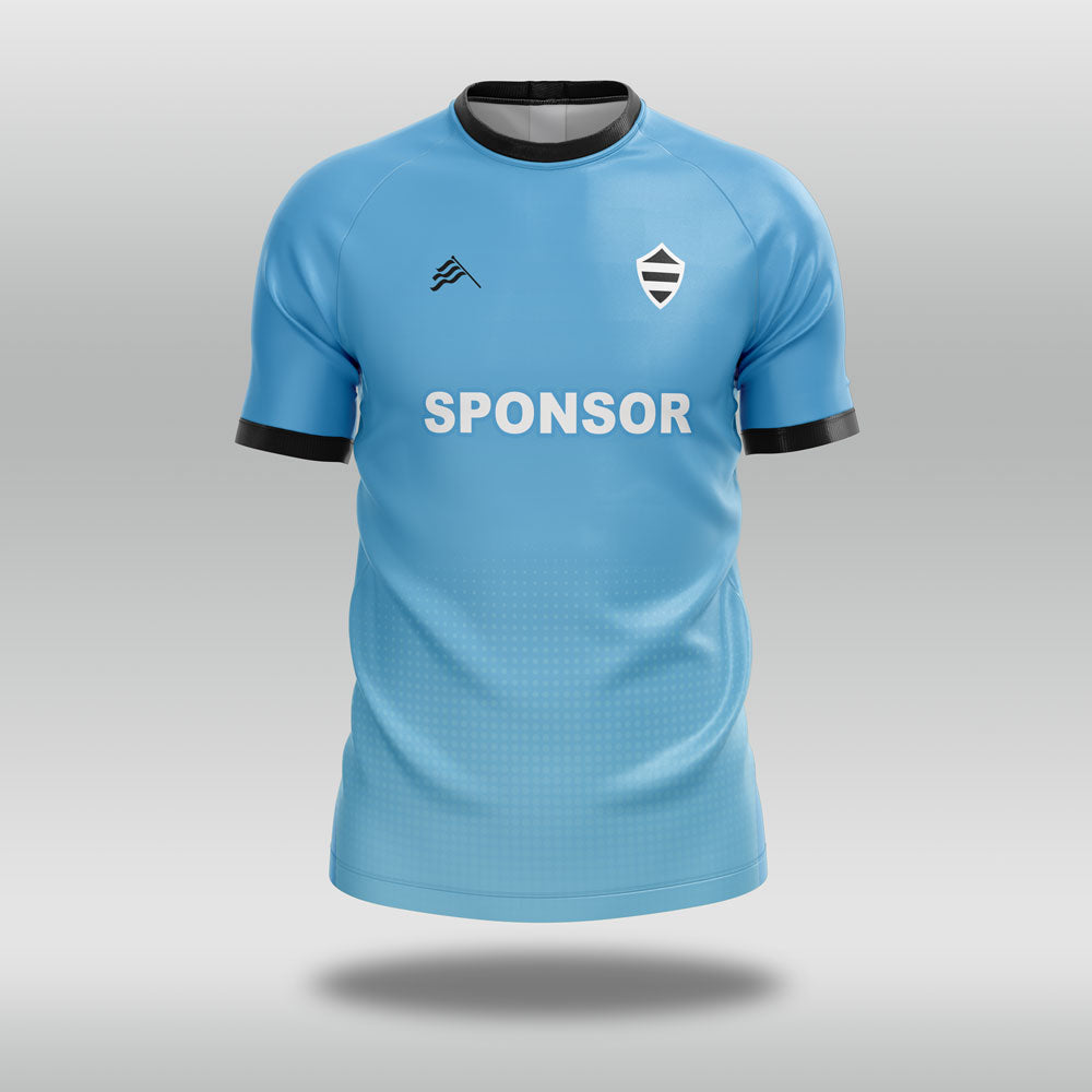Light blue football shirt with black accents on a gray background