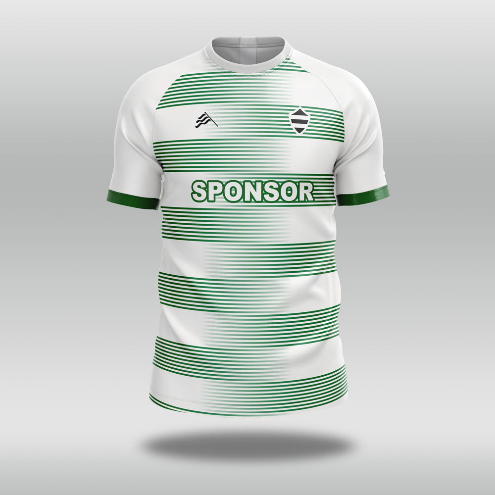 White football shirt with green stripes and a visible sponsor logo on a gray background