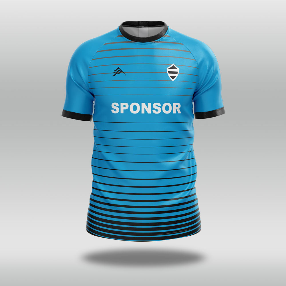 Blue football shirt with black stripes and 'SPONSOR' text on a gray background