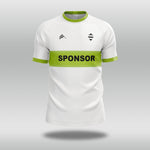 White football shirt with green accents and 'SPONSOR' text on a gray background