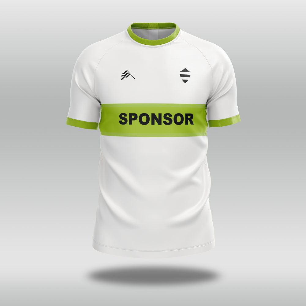 White football shirt with green accents and 'SPONSOR' text on a gray background