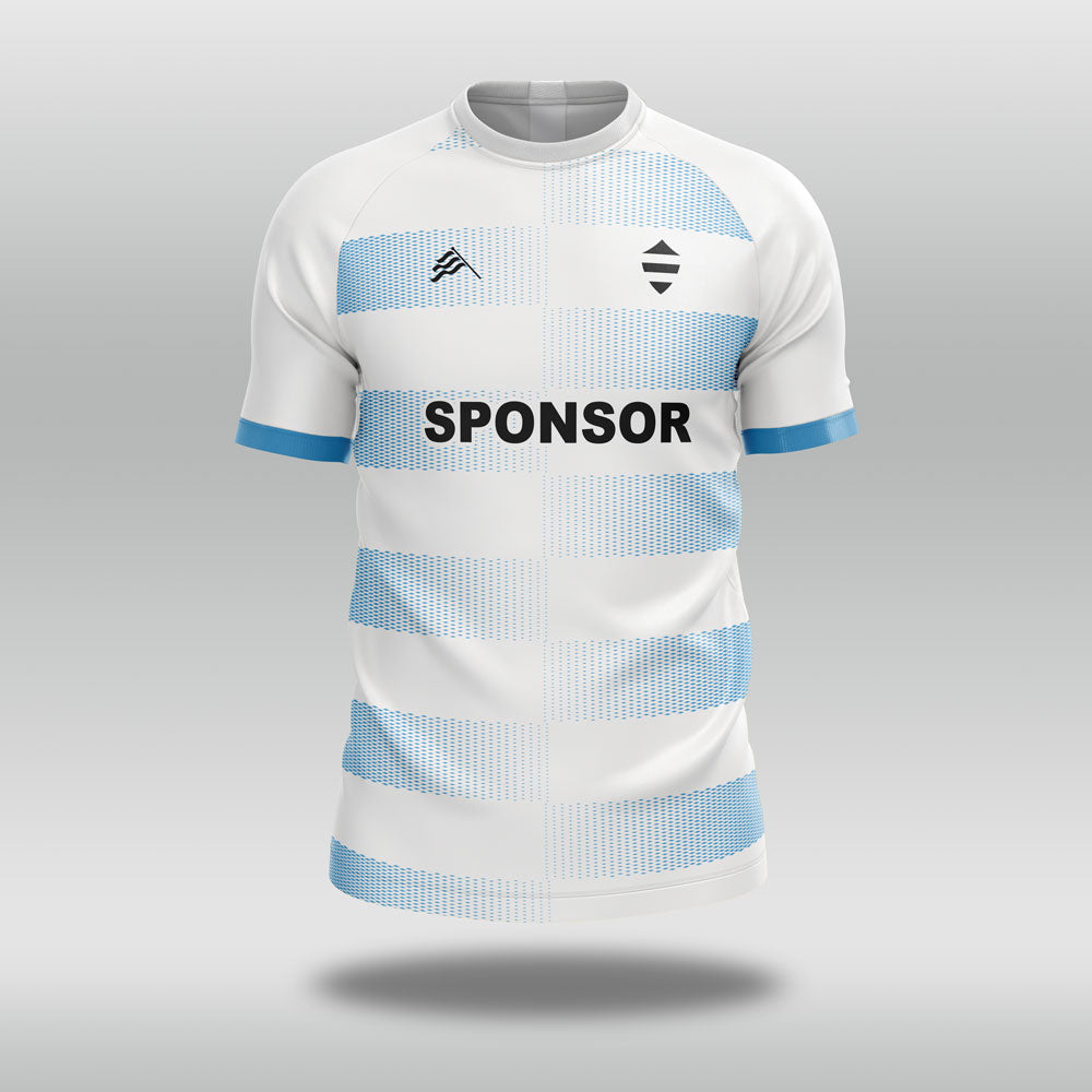 White football shirt with blue stripes and a sponsor logo on a gray background