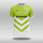 Green and white football shirt with a sponsor logo on a gray background