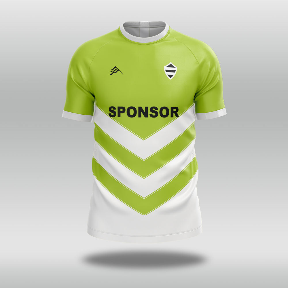 Green and white football shirt with a sponsor logo on a gray background