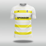 White football shirt with yellow stripes and a sponsor logo on a gray background