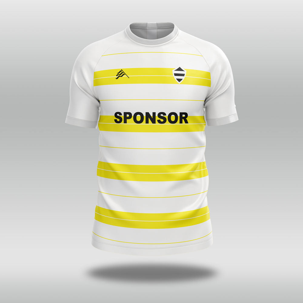 White football shirt with yellow stripes and a sponsor logo on a gray background