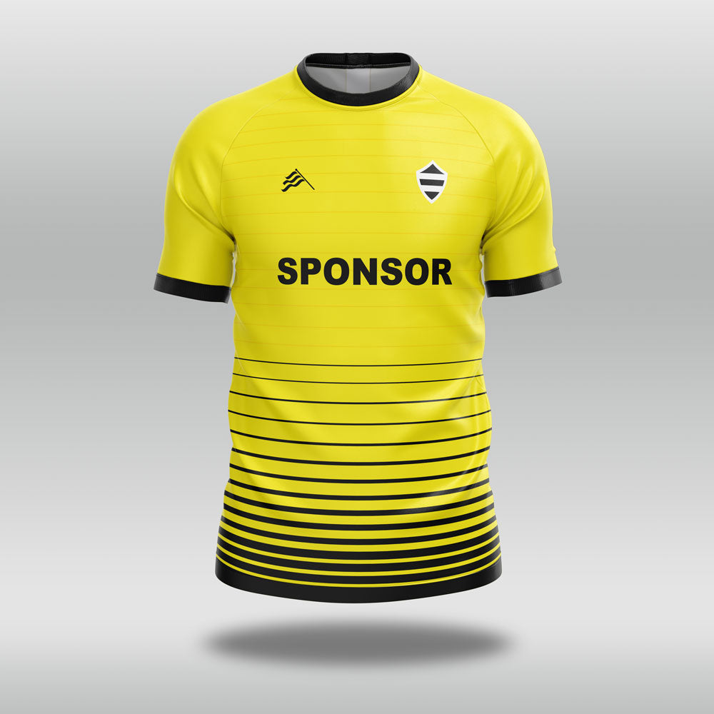 Yellow football shirt with black accents and 'SPONSOR' text on a gray background