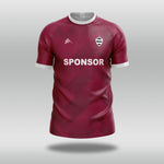 Maroon football shirt with 'SPONSOR' text on a gray background