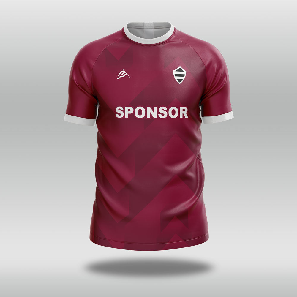 Maroon football shirt with 'SPONSOR' text on a gray background