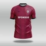 Maroon football shirt with 'SPONSOR' text on a gray background