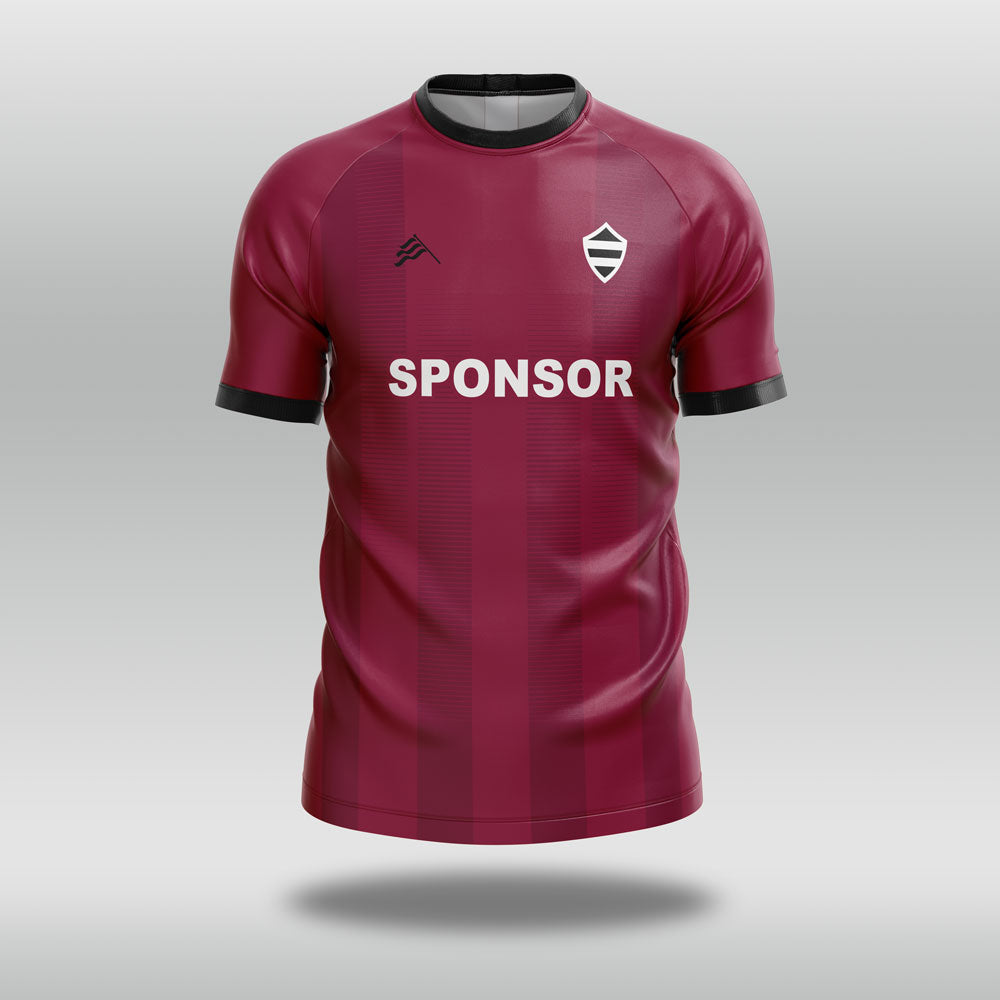 Maroon football shirt with 'SPONSOR' text on a gray background