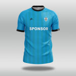 Blue football shirt with 'SPONSOR' text on a gray background
