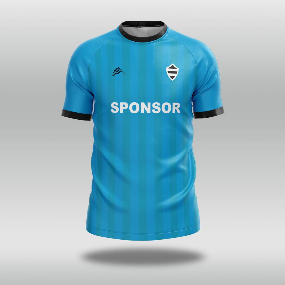 Blue football shirt with 'SPONSOR' text on a gray background