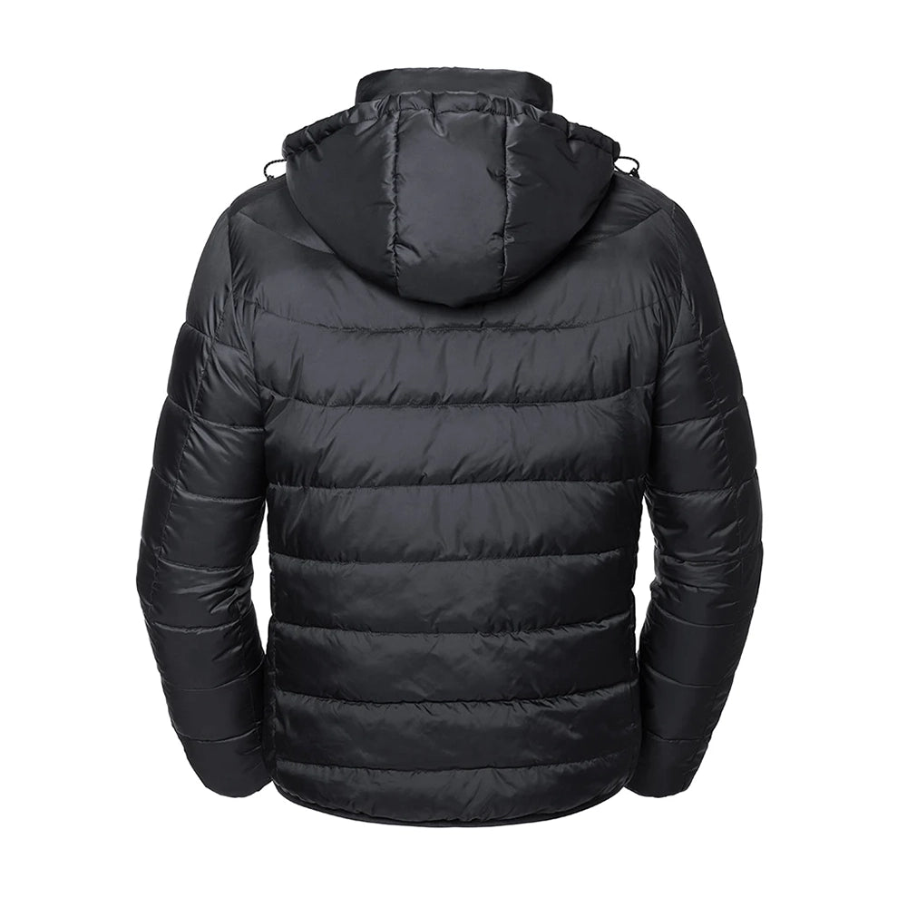 Back view of a Russell Hooded Nano Padded Jacket in black