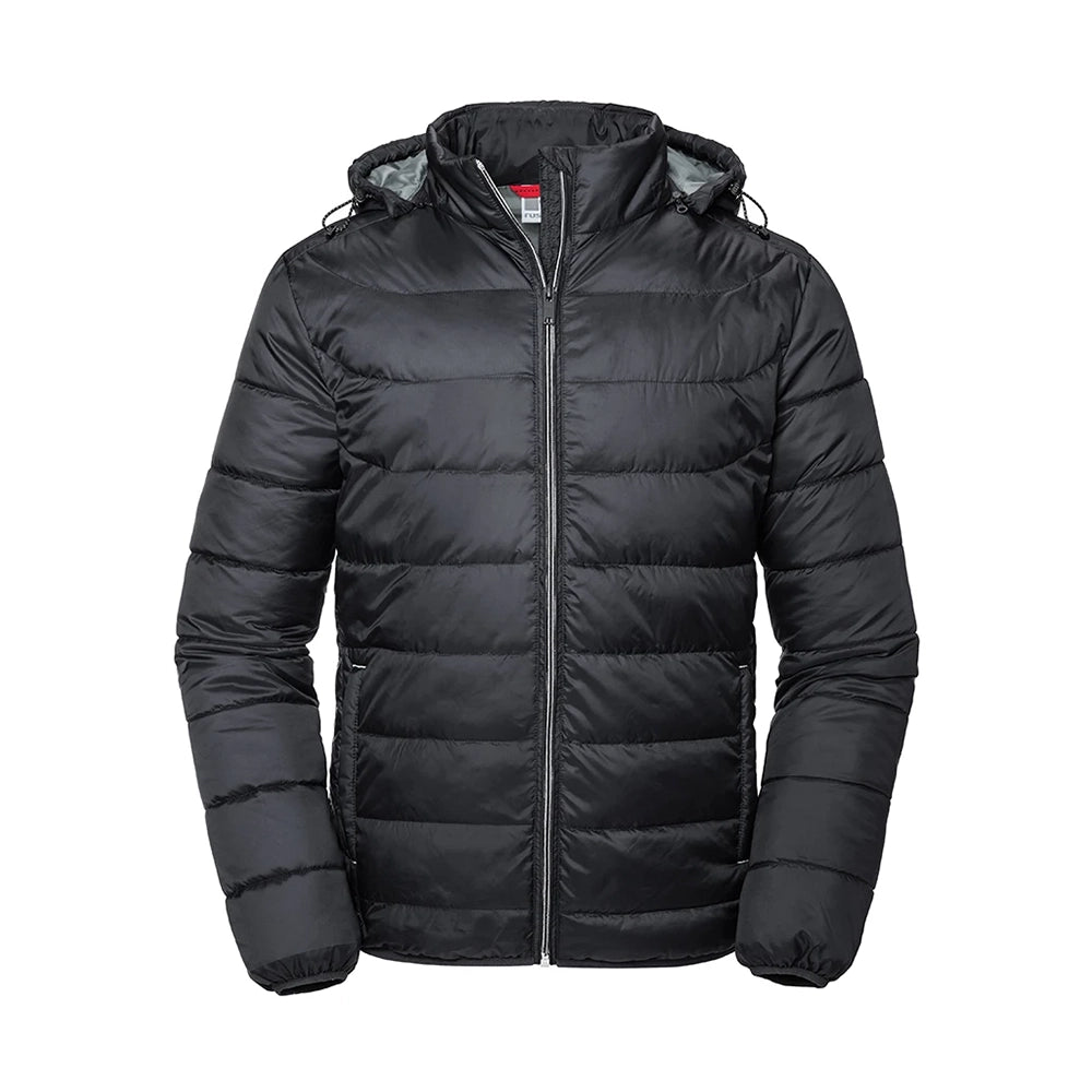 Front view of a Russell Hooded Nano Padded Jacket in black