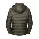 Back view of a Russell Hooded Nano Padded Jacket in Olive green