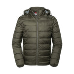 Front view of a Russell Hooded Nano Padded Jacket in Olive green