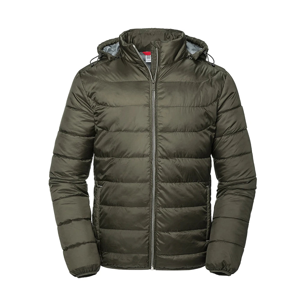 Front view of a Russell Hooded Nano Padded Jacket in Olive green