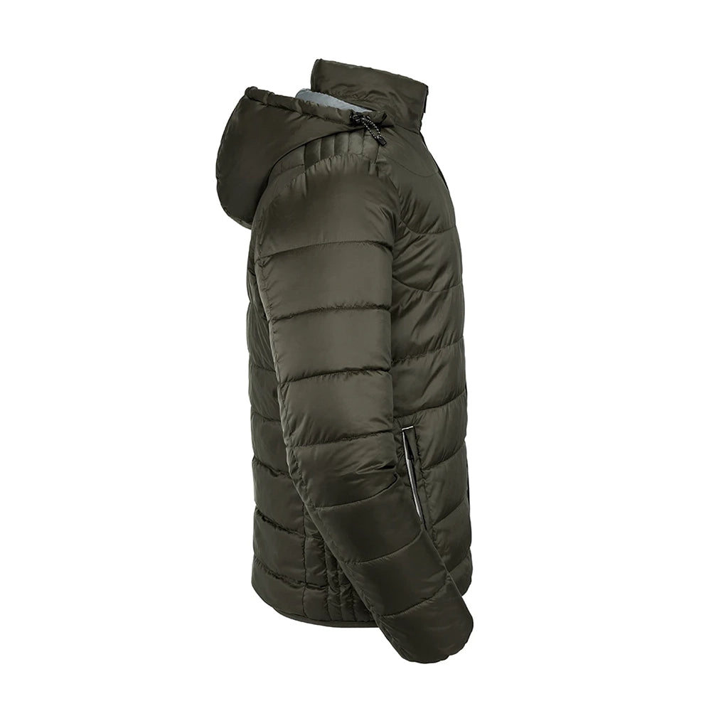 Side view of a Russell Hooded Nano Padded Jacket in Olive green