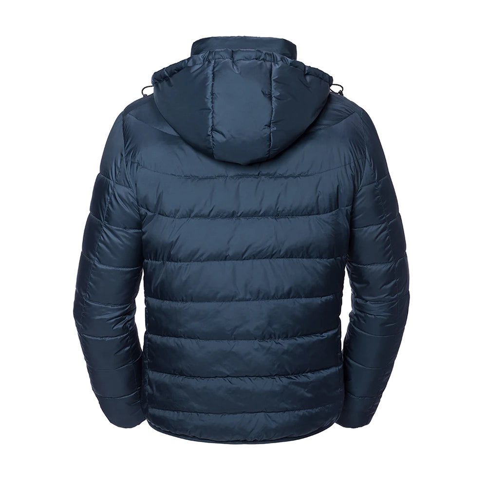 Back view of a Russell Hooded Nano Padded Jacket in French Navy