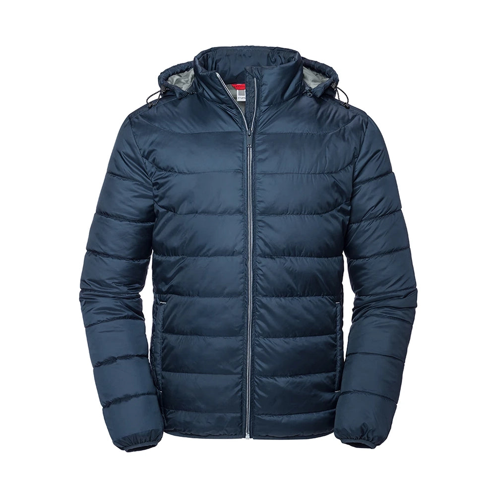 Front view of a Russell Hooded Nano Padded Jacket in French Navy