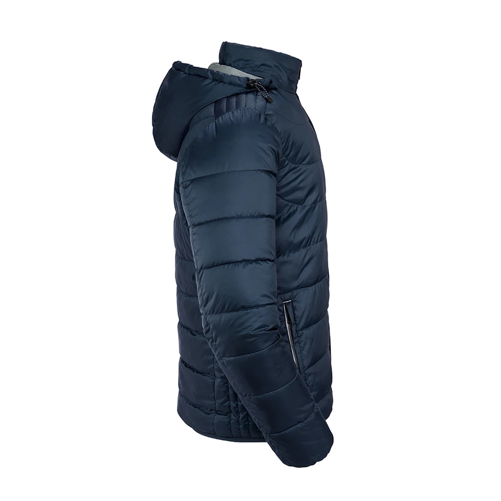Side view of a Russell Hooded Nano Padded Jacket in French Navy