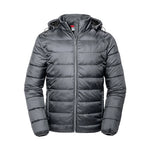 Front view of a Russell Hooded Nano Padded Jacket in Iron