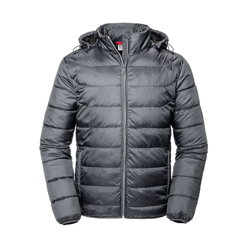 Front view of a Russell Hooded Nano Padded Jacket in Iron