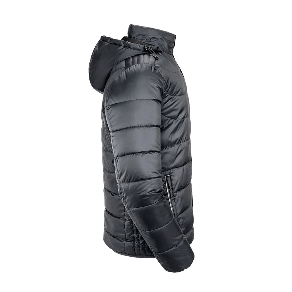 Side view of a Russell Hooded Nano Padded Jacket in Iron