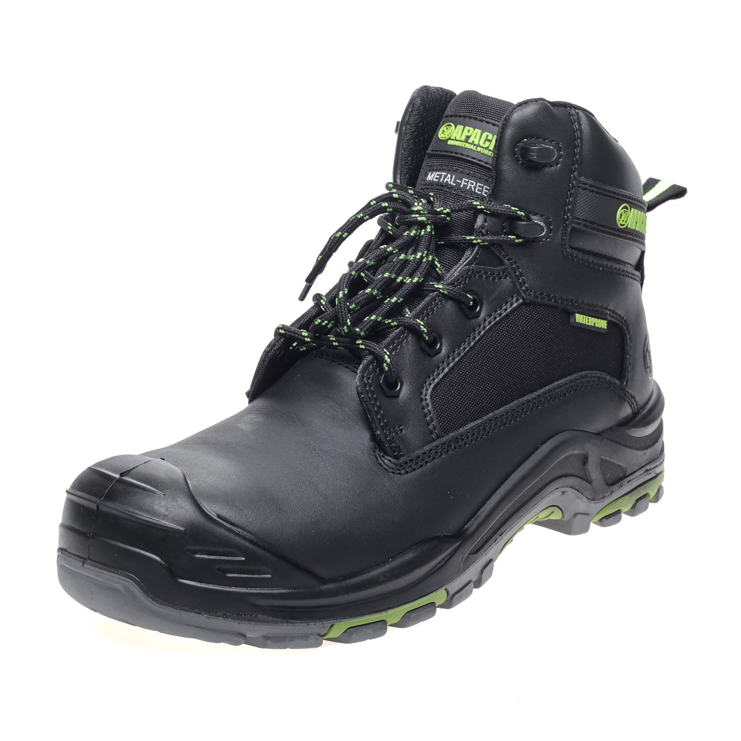 Apache Moose Jaw is a waterproof orange hiking boot featuring black and green laces, brass eyelets, and a grey rubber sole.