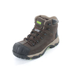 Apache Thompson waterproof work boot featuring a yellow-brown leather upper, black collar, and a rubber toe cap with a textured sole.