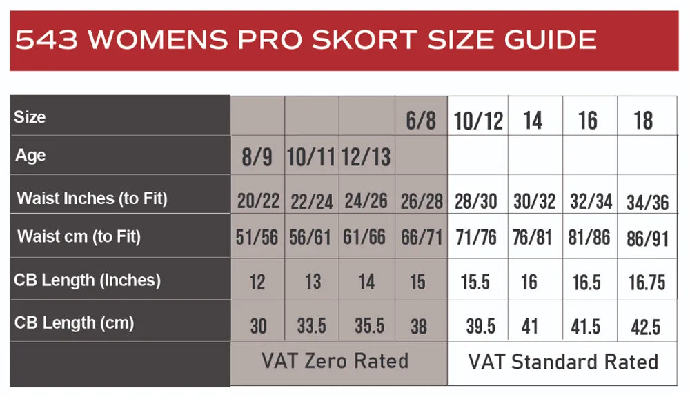 Premium Skort size guide