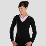 Model wearing the Russell Collection Ladies Cotton Acrylic V Neck Sweater 710F in Black