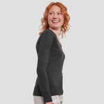 Side view of model wearing the Russell Collection Ladies Cotton Acrylic V Neck Sweater 710F in Charcoal Marl