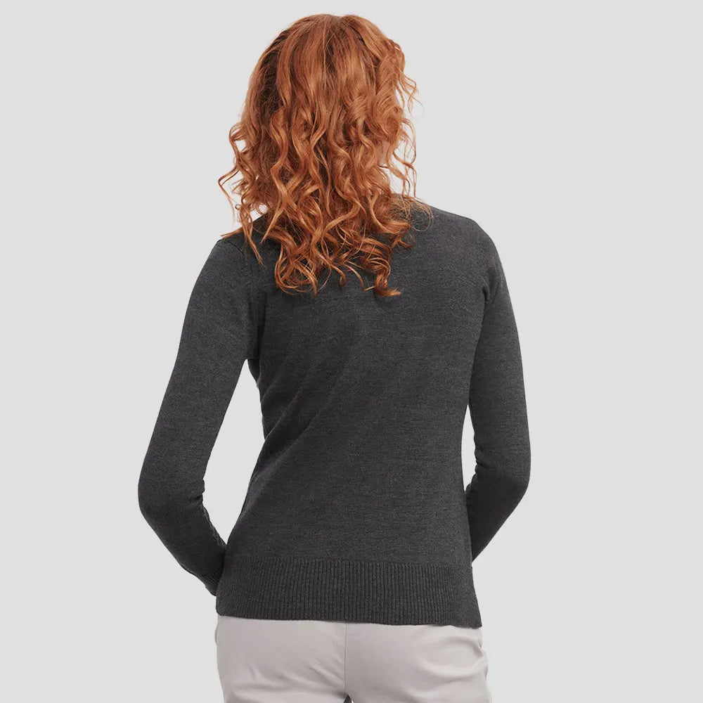 Rear view of model wearing the Russell Collection Ladies Cotton Acrylic V Neck Sweater 710F in Charcoal Marl