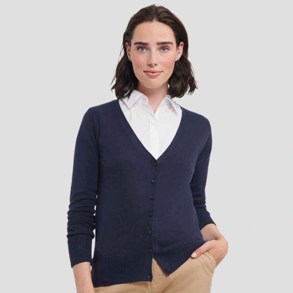 Model wearing the Russell Collection Ladies Cotton Acrylic V Neck Cardigan in Navy
