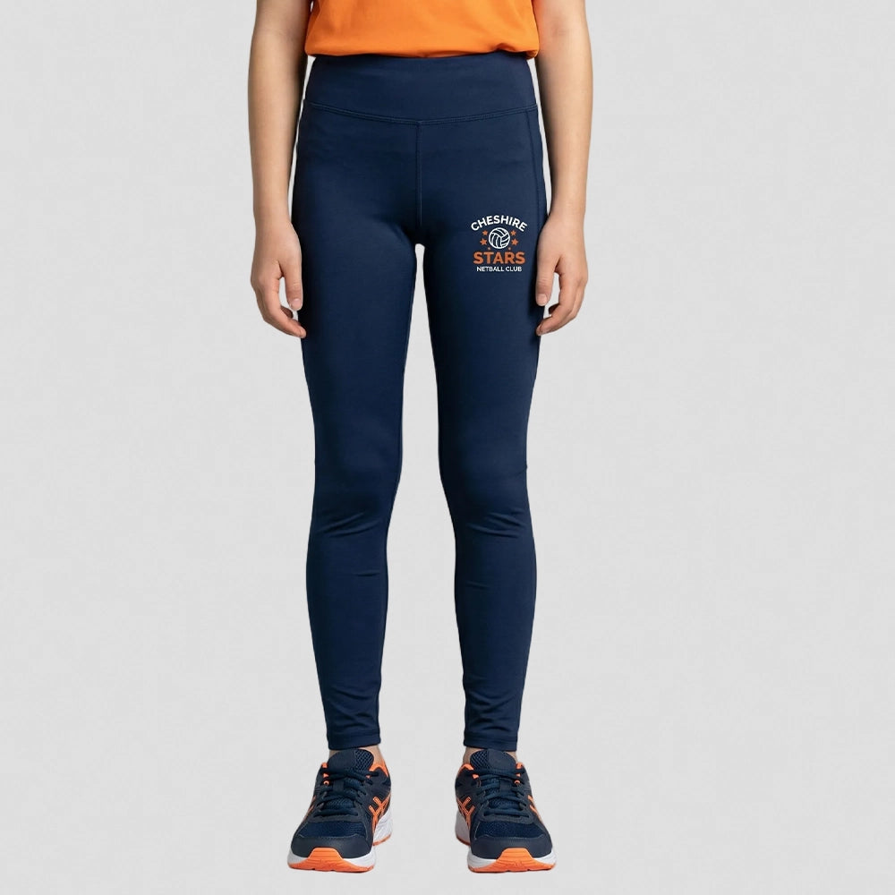 front view of model wearing Cheshire Stars Netball Club Academy Legging – Junior