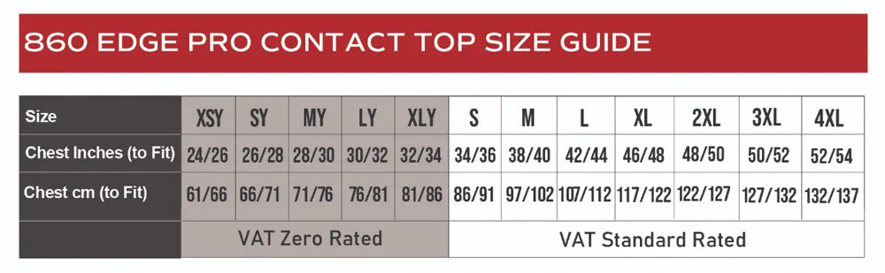 Edge Pro Contact Top size guide