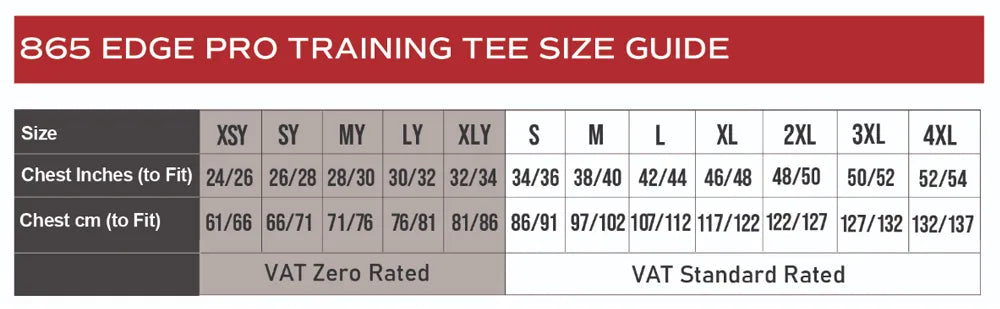 Edge Pro Training Tee size guide
