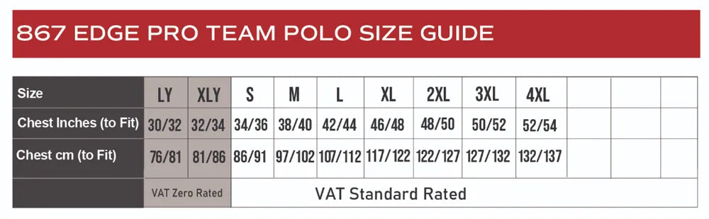 Edge Team Polo size guide