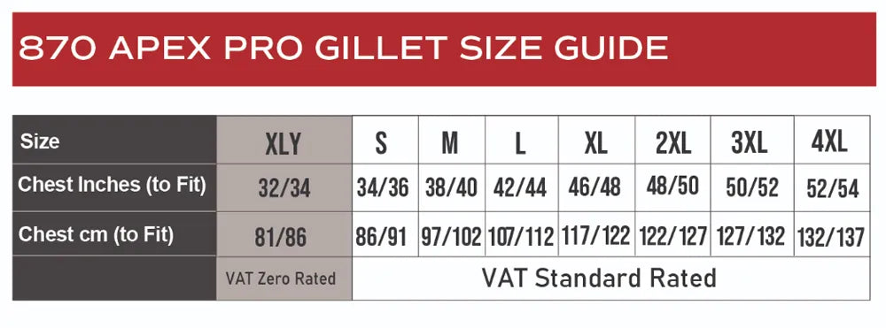 Apex Pro Gilet size guide